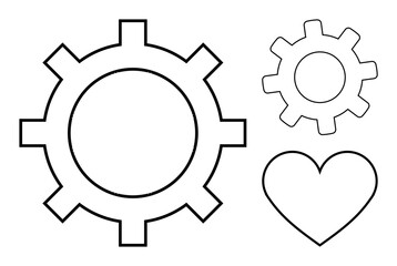 Two gear mechanisms and a heart outline convey teamwork, innovation, love for work, and efficiency. Ideal for collaboration, industry, engineering, productivity, synergy creativity simple flat