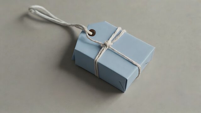 A small, light blue gift box is tied with white string and a tag, set against a neutral backdrop