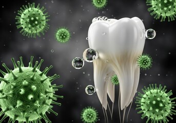 Tooth under attack by green bacteria and bubbles