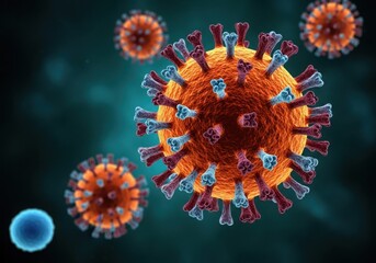 Microscopic view of coronavirus particles in a dark background