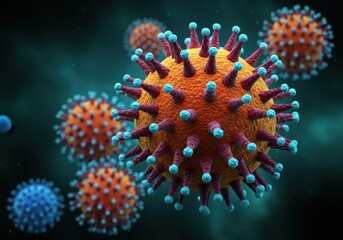 Microscopic view of coronavirus particles in vibrant colors