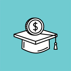 A white outline illustration of a graduation cap with a dollar coin on top, symbolizing education costs and financial aid.