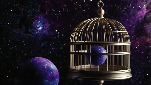 Surreal scene of a purple planet trapped inside a golden birdcage against a cosmic background - Powered by Adobe