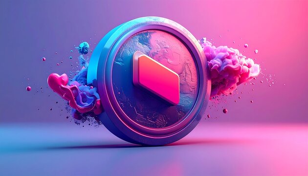 A 3D render of a coin with an abstract design, set against a vibrant purple and pink gradient. Two bursts of fluid, colored substances flank the coin