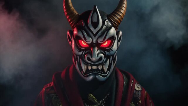 Ominous Oni Mask with Glowing Red Eyes in Smoky Darkness