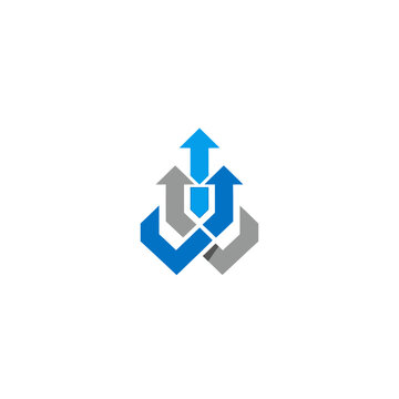 Stylized logo featuring three upward-pointing arrows, two grey and one blue, interlocked to symbolize growth and progress.