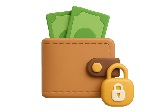 3D wallet with cash and padlock symbolizes finance and security in business transactions. This conveys importance of safeguarding financial assets effectively