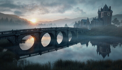 A stone bridge leads to a castle at sunrise, reflected in calm water.