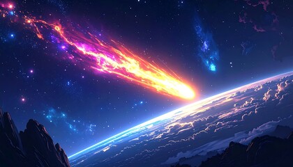 A stunning depiction of a celestial event with a meteor streaking across the sky