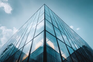 Obraz premium Modern glass building reflects sky and clouds under a bright blue sky.