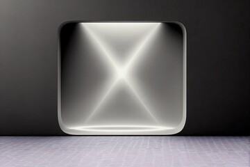 A modern, illuminated square niche with soft spotlights creating an X pattern, set against a dark wall and a textured floor.