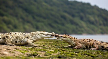 Two crocodiles are sharing food on the shore of a lake with a green forest in the background.
