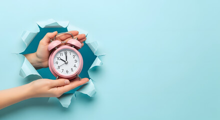 Hand holding alarm clock, torn paper hole, time management, reminder and planning, finish a deadline, timetable and stress, countdown