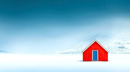 A small, bright red cabin with a blue door stands alone in a wide, snow-covered landscape with distant, snow-capped mountains under a clear blue sky.