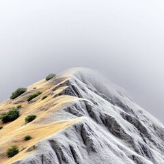 A stark mountain landscape features a sharp ridge partially covered in frost and dry golden grass, with scattered green bushes dotting the slopes under a muted,