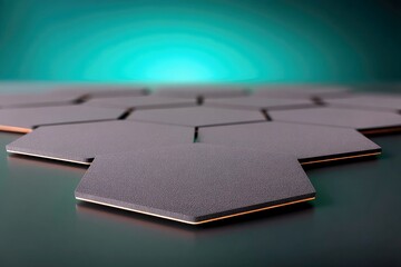 A close-up, low-angle shot of dark gray hexagonal tiles with a textured surface and thin copper-colored edges, arranged in a honeycomb pattern on a reflective s