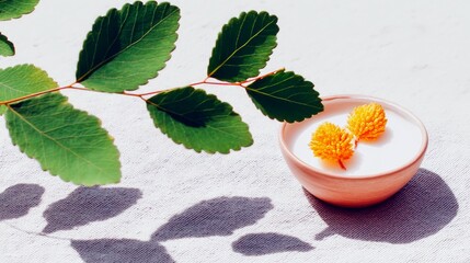 A sprig of green leaves rests beside a small pink bowl containing white liquid and two small orange flowers.