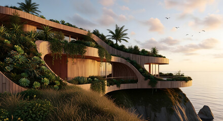 Sustainable architecture wooden building seamlessly integrated into a coastal cliffside with lush greenery at sunset