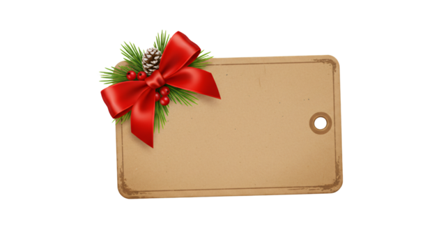 Rustic christmas gift tag with red bow and pine sprig