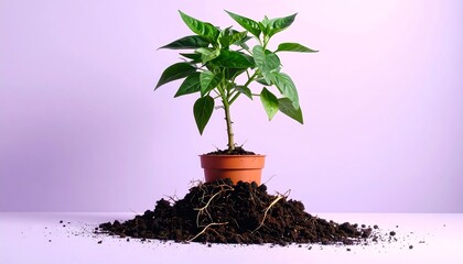 A potted plant with soil against a purple background, a botanical image