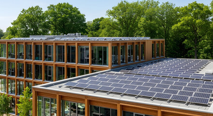 A contemporary Sustainable architecture wooden building featuring a rooftop array of advanced solar panels, dynamically integrating renewable energy solutions for an efficient and eco-conscious future