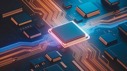Advanced technology and integrated circuit with orange and blue paths for data transmission and computational hardware components