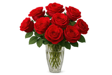 Red roses bouquet in glass vase on transparent background expressing love and romance for valentine's day or anniversaries