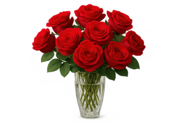 Red roses bouquet in glass vase on transparent background expressing love and romance for valentine's day or anniversaries