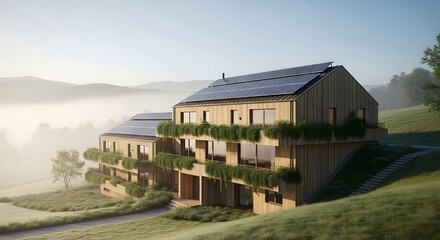Fototapeta premium Sustainable architecture wooden building complex with solar panels and green balconies nestled in a serene misty mountain landscape, offering an eco-friendly living experience