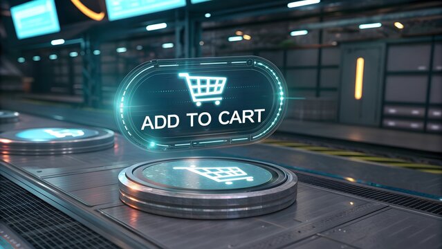 Futuristic add to cart button interface in a digital environment