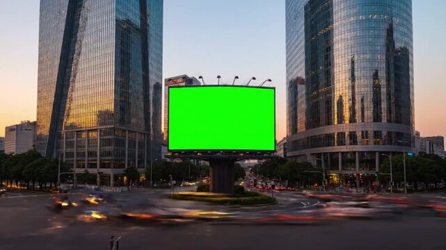 Urban Cityscape Timelapse with modern billboard a green screen for advertising on busy crossroad street traffic and skyscrapers of at sunset loop video distortion, overlay, glitch, static noise, scan