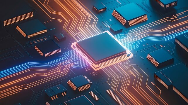Advanced technology and integrated circuit with orange and blue paths for data transmission and computational hardware components