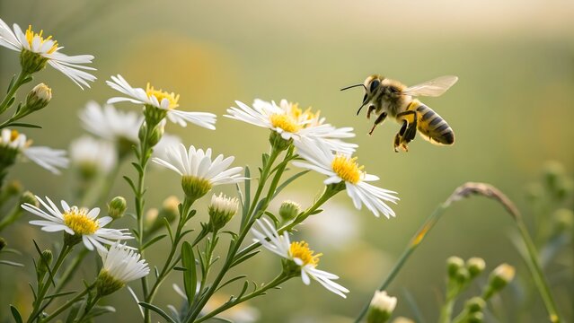 Bee collecting nectar from delicate white wildflowers in a sunny meadow - Powered by Adobe