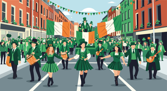 A vibrant St. Patrick's Day parade fills the street with people in green, Irish flags, traditional music, and cheerful dancers celebrating the holiday.