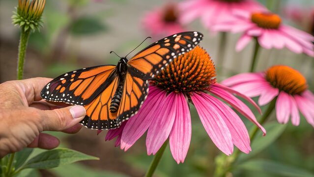 Monarch butterfly rests on a vibrant pink coneflower in a garden setting