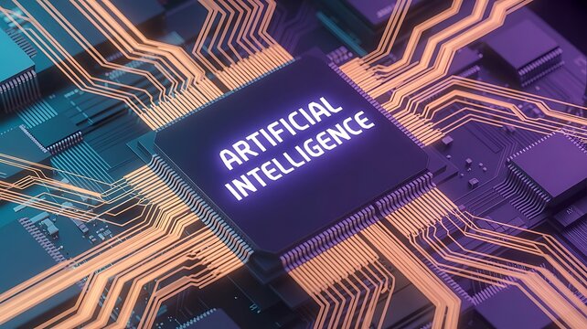 Artificial intelligence integrated circuit board with glowing text ai concept modern technology microchip innovation processor system