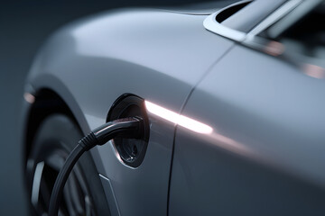 An electric vehicle with its sleek charging port and the charging cable plugged in