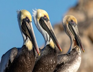 Three seabirds with long beaks and striking eye detail, against a blue sky