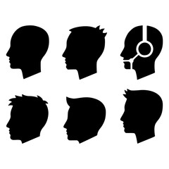 Diverse Set of Male Head Silhouettes Vector Icons, Profile Views for User, Service, and Identity