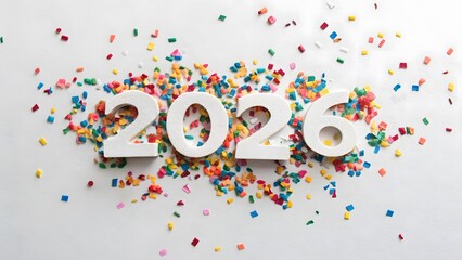 White 2026 numbers surrounded by colorful confetti