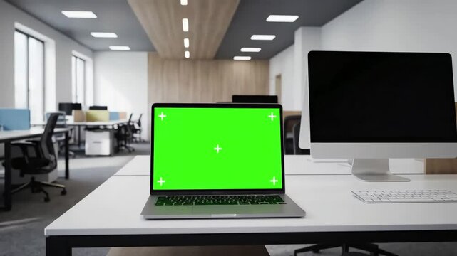 Chroma Key Laptop Display with green computer screen set in front of workgroup distortion, overlay, glitch, static noise, scan lines on black background, 4k animated video loop