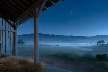 A nativity scene concept featuring an empty wooden manger under a glowing star in the night sky