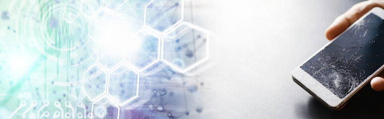 Smartphone with a broken touch screen. Mobile phone is broken. The phone crashed. Replacing broken...