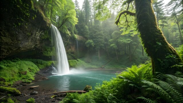 Lush green forest waterfall with mist and sunlight