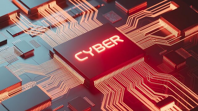 Cyber security computer chip technology concept security data system protection digital network glowing motherboard 3d rendering innovation technological - Powered by Adobe