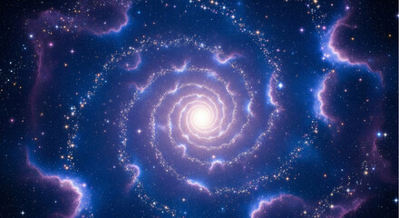 Magical blue and purple spiral galaxy with glowing center. Deep space cosmic vortex background with sparkling stars for sci-fi, fantasy, and spiritual concepts.