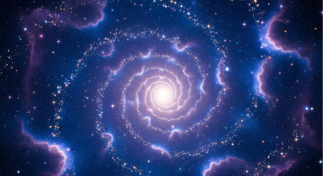 Magical blue and purple spiral galaxy with glowing center. Deep space cosmic vortex background with sparkling stars for sci-fi, fantasy, and spiritual concepts.