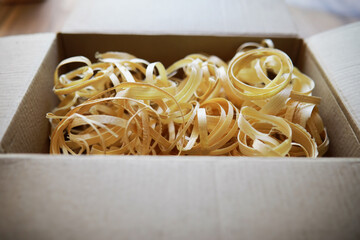 Plane jointer carpenter or joiner tool and wood shavings. Woodworking tools on wooden table. Carpentry workshop