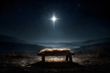 A nativity scene concept featuring an empty wooden manger under a glowing star in the night sky