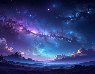 Surreal nighttime landscape with vibrant clouds and shimmering stars
